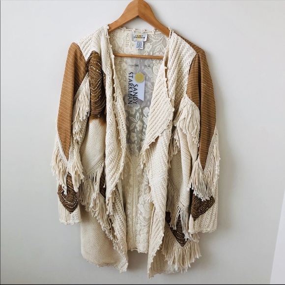 Sandy Starkman Sweaters - NWT Sandy Starkman Cream Tan Fringe Knit Cardigan